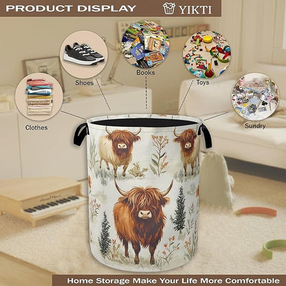 Laundry Hamper, Highland Cow Laundry Basket, Farmhouse Watercolor Flower