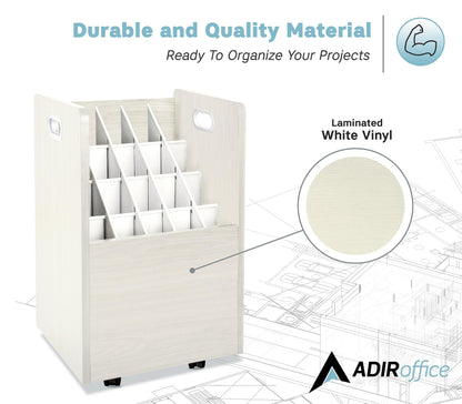 AdirOffice Adir Blue Print Storage Organizer - Mobile Roll File Cart, Construction Plan Holders, Blueprint Cabinet with Wheels, Roll Files Storage for Office and Home (20 Slots, White)