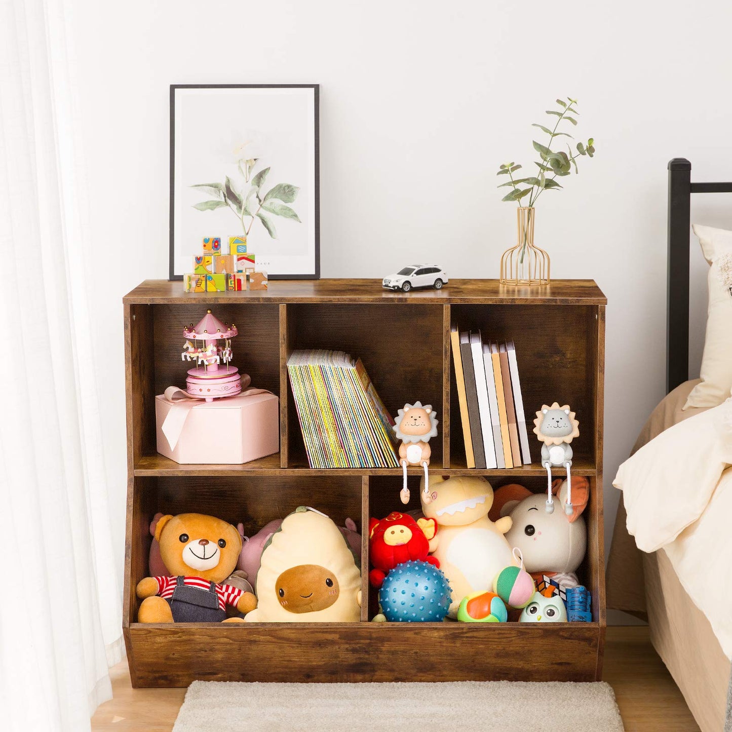HOOBRO Kids Bookshelf, Bookcase Footboard, Toy Storage Cubby, Children's Toy Shelf, 39.4" L Toy Storage Cabinet, Fit for Children's Room, Playroom, Hallway, Kindergarten, Rustic Brown BF132CW01