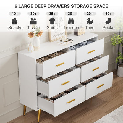 IDEALHOUSE 6 Drawer Dresser, Modern Wooden Chest of Drawers with Gold Handles, Deep Drawers for Bedroom, Living Room and Entryway, White