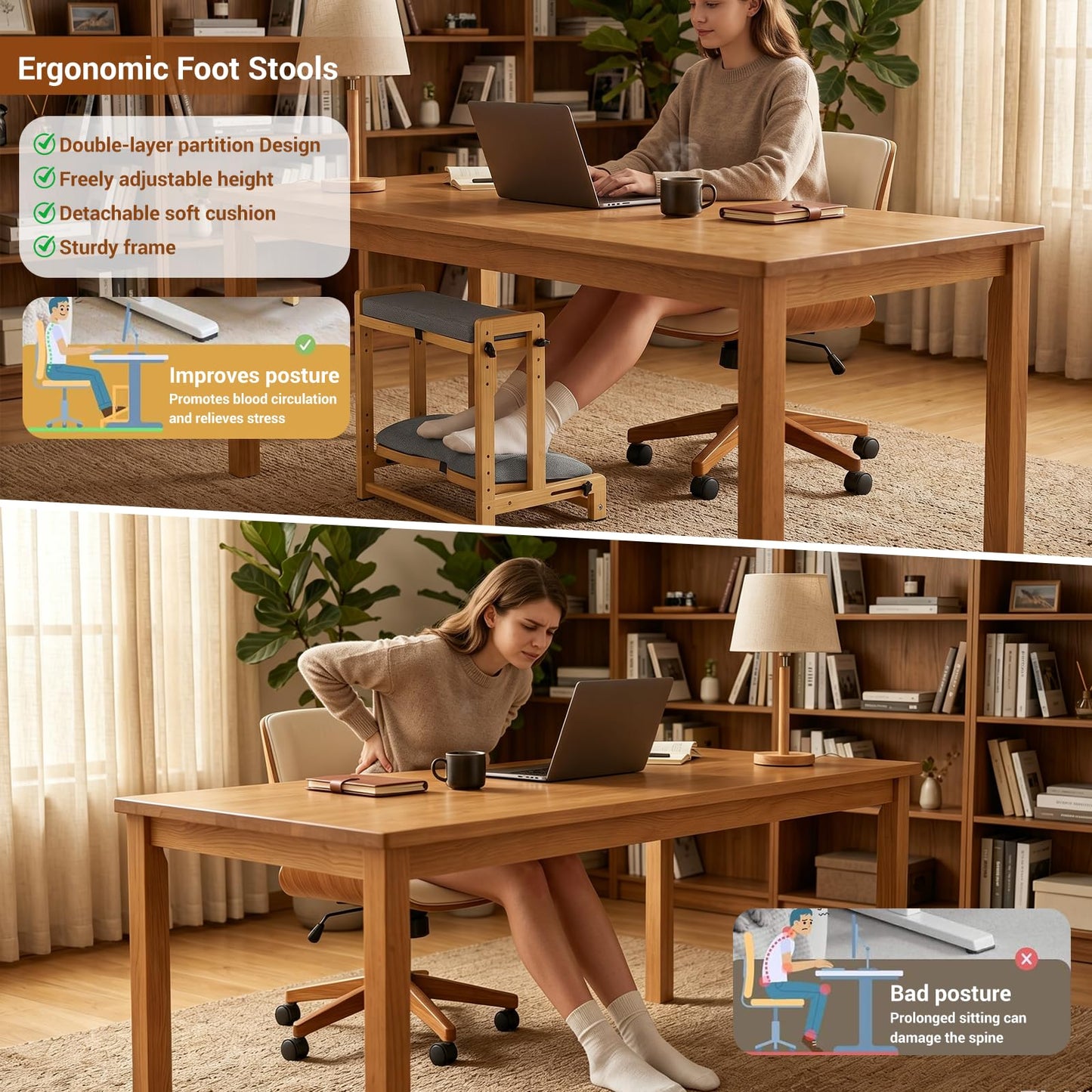 Double Foot Rest Under Desk, Adjustable Wooden Under Desk Footrest with Cushion, Ergonomic Foot Stools for Office, Gaming & Study, Relieve Leg Hip & Back Pressure, Improve Circulation