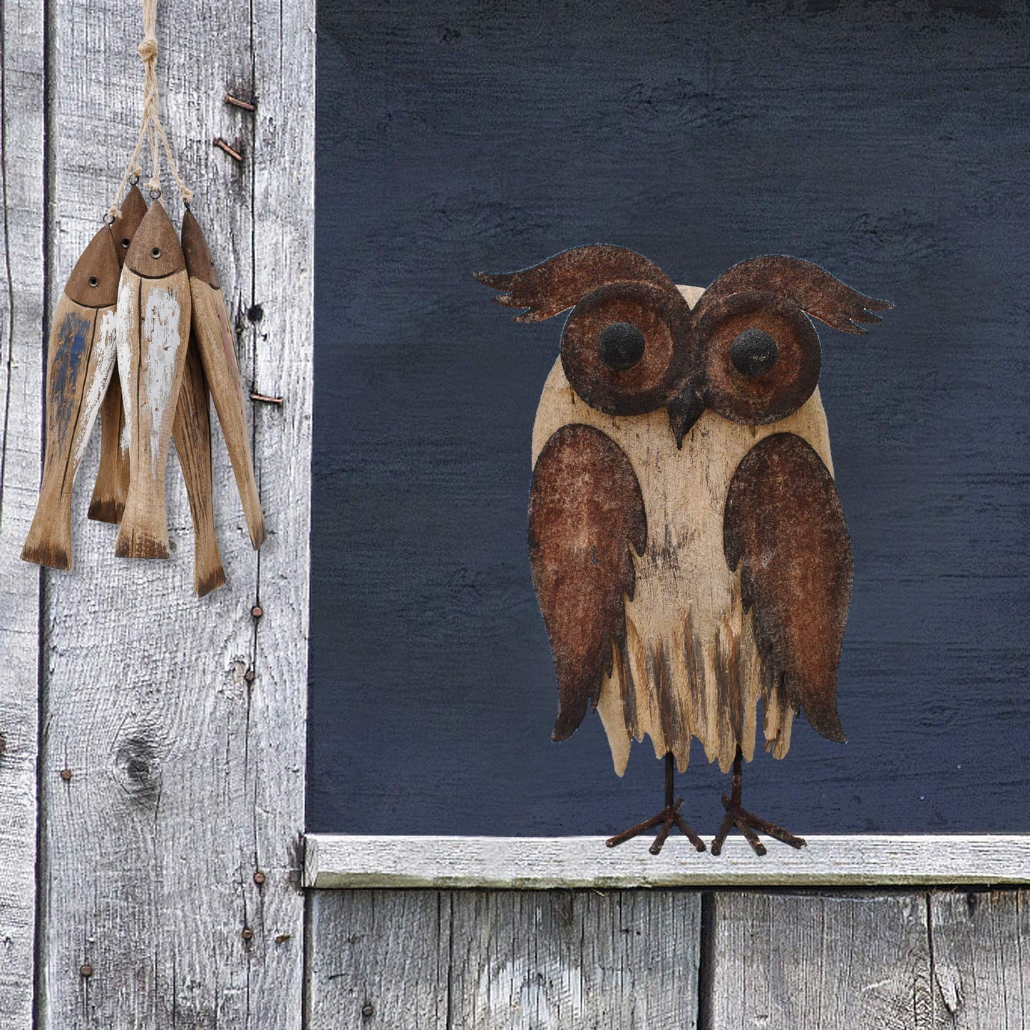 K KILIPES Rustic Owl Decorations - Metal & Wood Owl Figurines (8.5" H) for Home Tabletop Ornaments & Collectibles