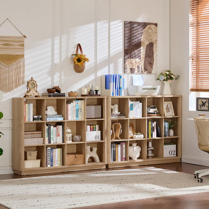 Joaxswe 12 Cube Storage Organizer, 41" Large Bookshelf with Curved Edge, Wood Floor Standing 3-Tier Cubby Bookcase with Base, Rustic Display Storage Cabinet for Living Room, Home Office, Natural Oak