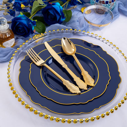 Liacere 350PCS Navy Blue Plastic Plates-Disposable Blue Gold Plates 50guest Plastic Dinnerware include 100Plates,50Pack Pre Rolled Napkins with Silverware 50Cups for Wedding＆Back to School&Labor Day