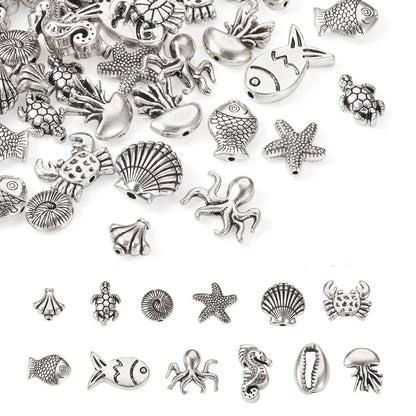 Fashewelry 60pcs Ocean Animal Tibetan Loose Spacer Beads Turtle Shell Fish Antique Silver Sea Life Creatures Alloy Western Beads for Necklace Bracelet Earring Craft Jewelry Making Supplies