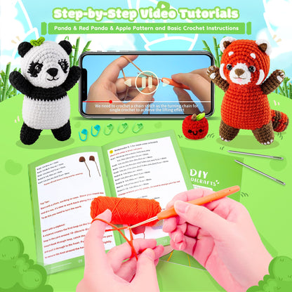 Crochet Kit for Beginners - 2PCS White and Red Panda Crochet Animal Kit with Step-by-Step Video Tutorials, Apple Crocheting Kit, Crochet Starter Kit for Adults, Beginners Knitting Kit for Birthday