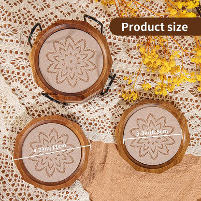 Wood Coasters for Drinks Absorbent with Lip, 4.3 Inch Acacia Wood Camel Felt Coaster with Holder for Wooden Coffee Table for Cups, Mugs, and Glasses - Set of 6