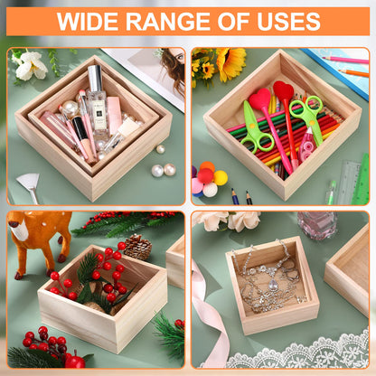 Yookeer 16 Pcs Unfinished Wooden Boxes 4 Size Wood Box Rustic Wooden for Crafts Wood Crates Square Storage Centerpiece for Table Home Drawer Decor Treasure, 4 x 4, 5 x 5, 6 x 6, 7 x 7 Inch