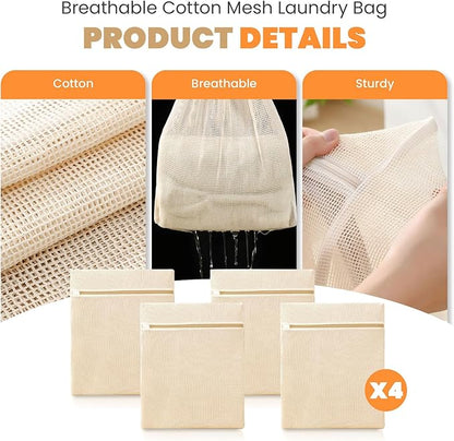 4Pcs Large Cotton Mesh Laundry Bags