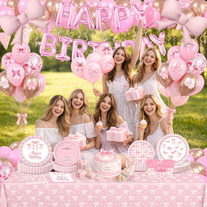 219 pcs Pink Party Decorations Set with Bow Theme, Plates, Napkins, Cups, Cutlery, Balloons, Happy Birthday Foil Banner, Bow Foil Balloons, Tablecloth, and Stickers, Serves 24