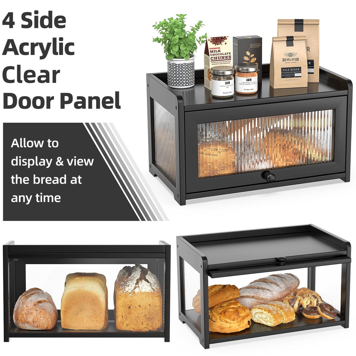 BAMBANG Bamboo Bread Box for Kitchen Countertop, Extra Large Farmhouse Bread Box with 4-Side Clear Panels, Wooden Bread Storage Container for Homemade Bread, Black