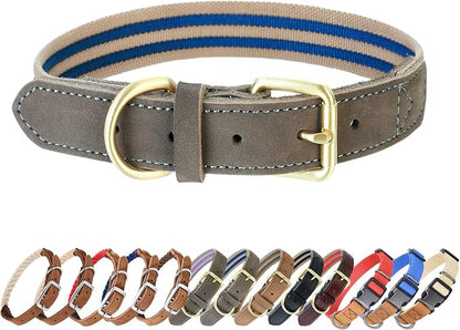 Mile High Life Genuine Leather Dog Collar, Heavy Duty Canvas Collar with Adjustable Metal Pin Buckle for Small Medium Large Dogs (Navy Blue, M Neck 15"-18")