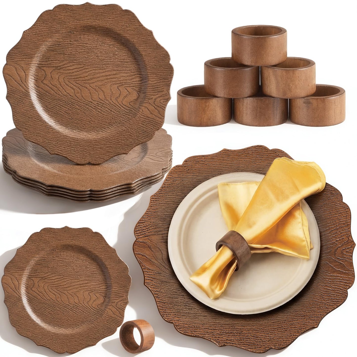 Havawish 6 Set 13" Rustic Brown Wooden Textured Acrylic Charger Plates with Handmade Acacia Wood Napkin Ring, Farmhouse Round Charger with Scalloped Rim for Dining Weddings Party Table Decor