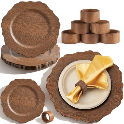 Havawish 6 Set 13" Rustic Brown Wooden Textured Acrylic Charger Plates with Handmade Acacia Wood Napkin Ring, Farmhouse Round Charger with Scalloped Rim for Dining Weddings Party Table Decor