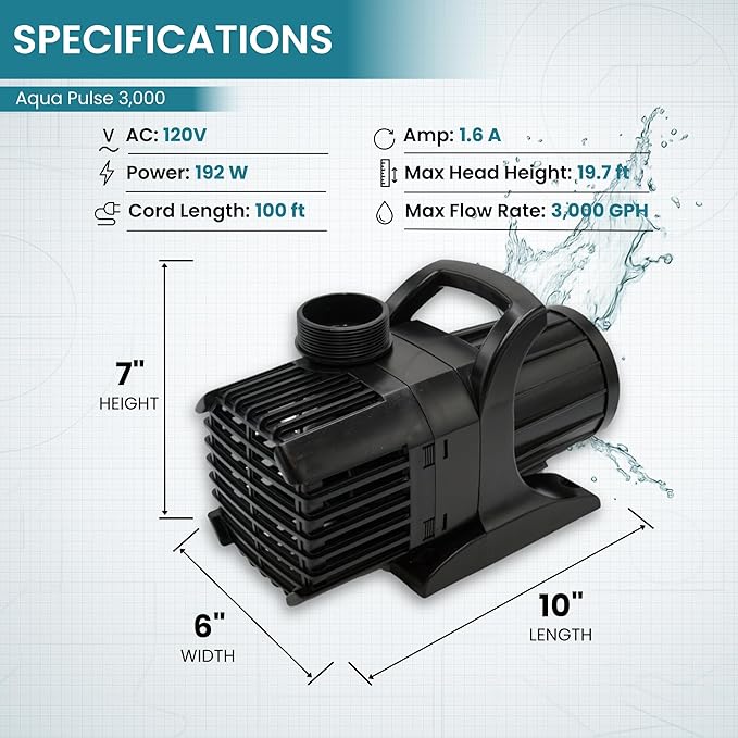HALF OFF PONDS Submersible Water Pump, 3,000 GPH Pond Pump with 100FT Power Cord and 19FT Max Head, 192W Ultra Quiet Energy Efficient Pump for Koi Pond, Fountain, Waterfall, Water Garden, Skimmer