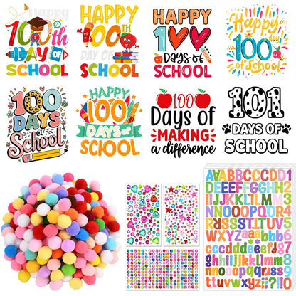 16 Sets 100 Days of School Craft Kit Iron on Transfers Stickers DIY Iron on Heat Transfer Decals with Pom Pom Ball Dot Stickers Gems Number Stickers for Clothing Shirt Bag Classroom Appliques Craft
