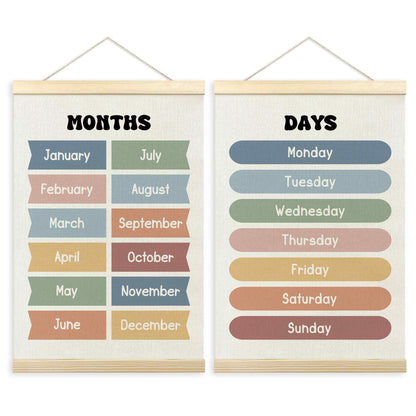 TLESKE Months of the Year Days of the Week Chart Poster Hanger Frame for Toddler Kid Classroom Set of 2, Homeschool Hanging Wall Art for Nursery Playroom, Preschool Learning Educational Poster, 16x24