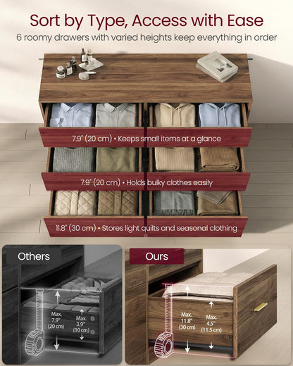 VASAGLE Custos Collection - Dresser for Bedroom, Chest of Drawers for Closet, Modern Style, TV Stand for Living Room, 6 Drawers, 15.8 x 46.9 x 30.7 Inches, Walnut Brown ULTS416KE01S