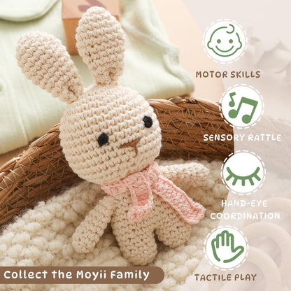 Moyii Handmade Crochet Bunny Baby Rattle - Soft Cotton Amigurumi Sensory Shaker Toy for Newborns & Infants - Easy Grip Lovey Sleep Toy & Neutral Nursery Decor Shower Gift