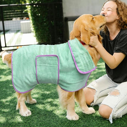 Soft Dog Bathrobe Fast Drying Dog Coat, Super Absorbent Dog Towels for After Bath, Microfiber Pet Robe Adjustable Collar & Belly Warm Keeping Dogs Coat for Pet Dogs & Cats (Green, Medium)
