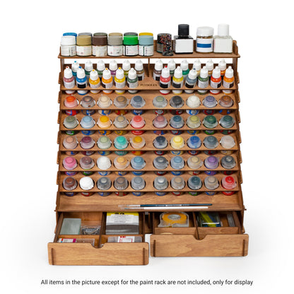 Plydolex Wooden Paint Organizer - 74 Holes Suitable for Vallejo, Citadel, Tamiya Paint Bottles - 14 Brushes Holes, 6 Minis Stands and 2 Drawers - Works for Warhammer, DnD and Other Miniatures