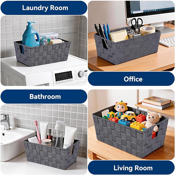 Whitmor Small Woven Storage Baskets for Shelves - Decorative Bathroom Organizer Bins with Metal Structure, Versatile Shelf Storage Solution for Home Organization & Closet (Savvy Gray)