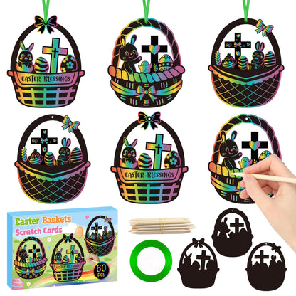 CY2SIDE 60PCS Religious Baskets with Egg Cross Scratch Card Gift Set DIY Christian Jesus is Risen Scratch Paper Craft for Kid Sunday School Activity Easter Bunny Magic Art Rainbow Color Paper Ornament