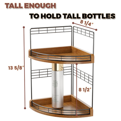 JNFUZ Bathroom Countertop Corner Organizer for Small Spaces – 2-Tier Counter Shelf for Sink & Vanity, Compact Vertical Storage for Toiletries (Walnut)