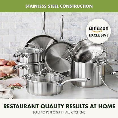 GreenPan Stainless Steel Cookware Set, 11 Piece, Induction Cookware, Dishwasher Safe, Oven Safe to 600F, Large 8QT Stock Pot, Sauce, Saute, Frying Pans, Pots & Pans Kitchen Essentials, Silver