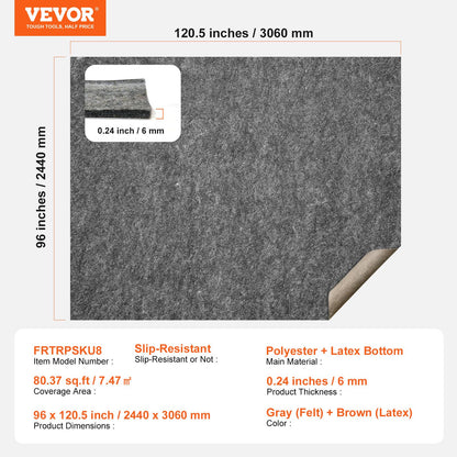 VEVOR 8' x 10' Non-Slip Rug Pad Gripper - 1/4" Thick Polyester Felt & Latex Backing Padding Cushion for Area Carpet Runner Hardwood Floors Living Room - Grey