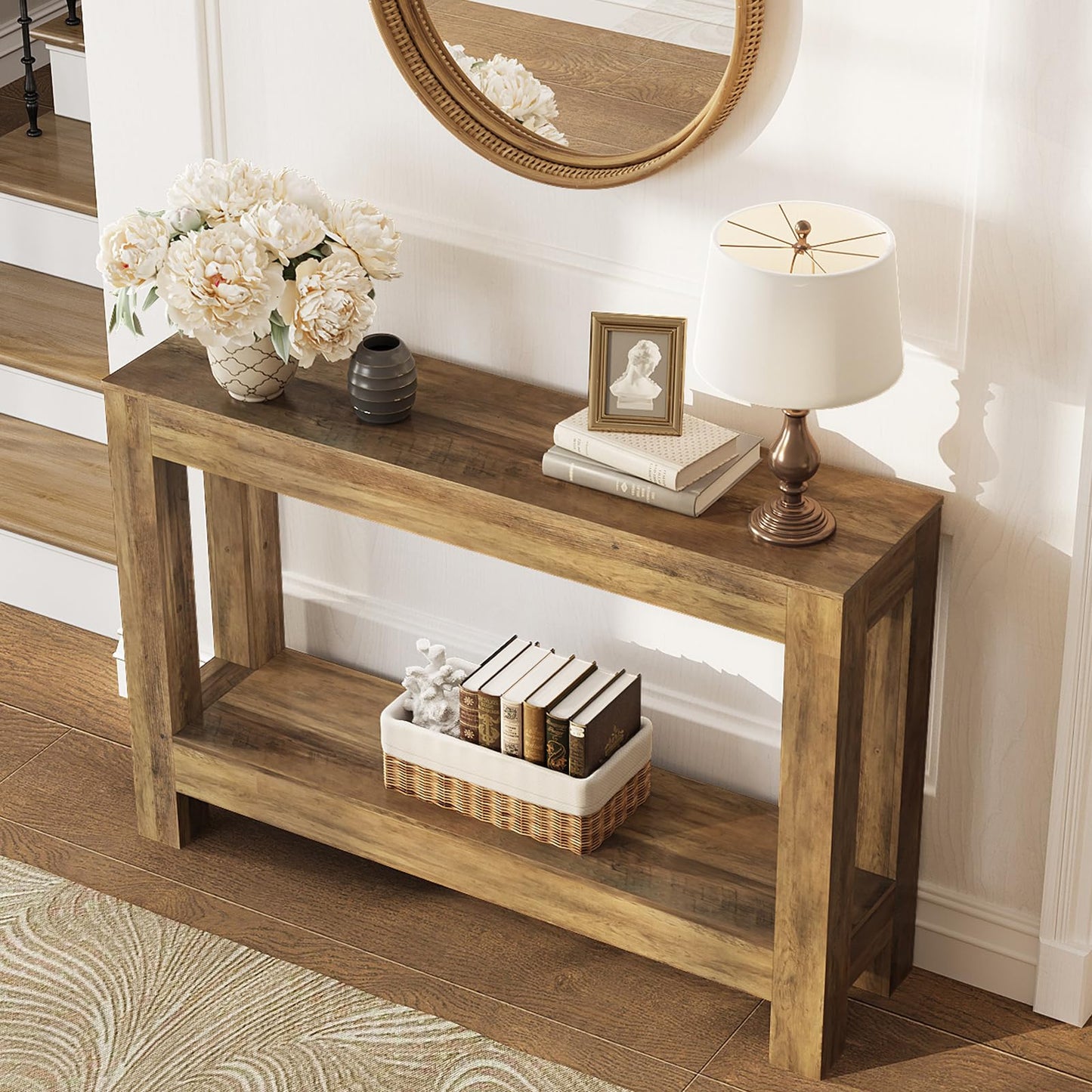 Tohomeor Farmhouse Console Table, 2-Tier Wood Sofa Table Behind Couch Narrow Entryway Accent Table for Entrance, Hallway, Living Room, Foyer