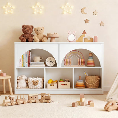 Fatmok 4 Pack Montessori Bookshelf, Modern Arched Wooden Toy Organizer, 5-Section Storage Shelf with Curved Edge, Decorative Furniture for Kids Room Play Area Nursery Kindergarten, White
