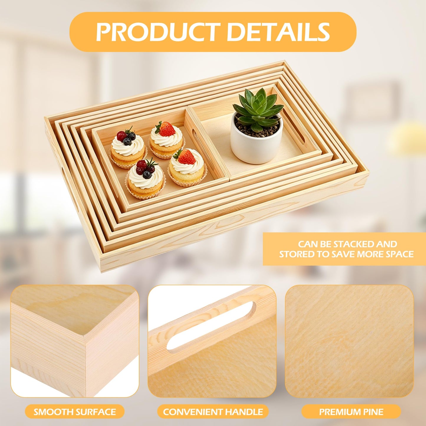 Aodaer 7 Pieces Wooden Trays, Wooden Nested Serving Trays, Rectangular Shape Wood Serving Tray with Handles for Kitchen Party Dinner Snacks