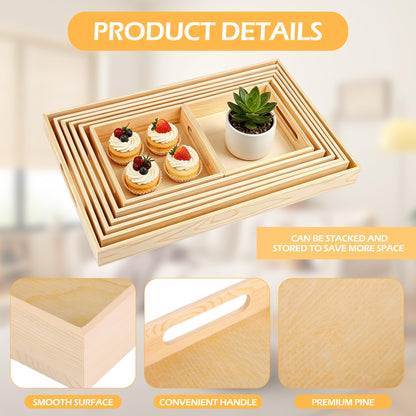 Aodaer 7 Pieces Wooden Trays, Wooden Nested Serving Trays, Rectangular Shape Wood Serving Tray with Handles for Kitchen Party Dinner Snacks