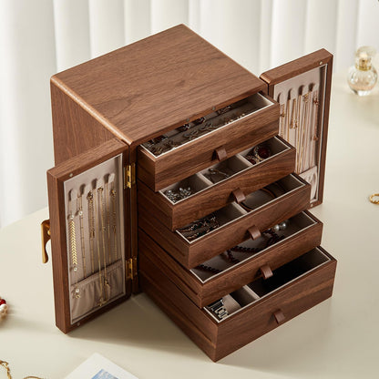 Homruilink Wooden Jewelry Box 5 Layer Black Walnut Large Jewelry Organizer with Brass Handle for Necklaces Rings Earrings Watches Storage, Fathers Day Gift (7.9x8.7x10.0inches)