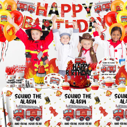 219pcs Firetruck Birthday Decorations Tableware Include Fire Truck Plates and Napkins Set, Cups, Banner, Hanging, Tablecloth, Cake Topper, Cupcake Topper for Firefighter Party Decorations Serve 24