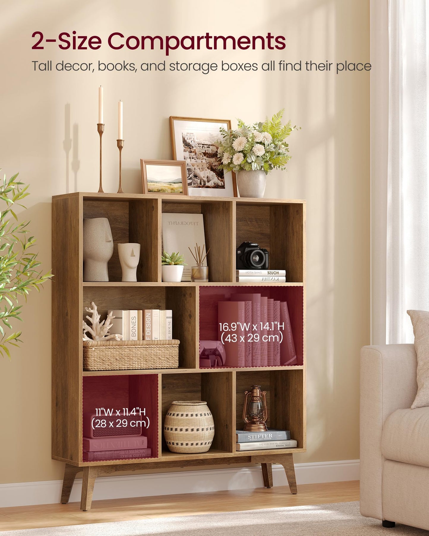 VASAGLE MAEZO Collection - Bookshelf, Bookcase, Cube Shelf with 8 Compartments, Storage Shelf, for Living Room, Home Office, Dining Room, 9.4 x 35.4 x 42.3 Inches, Honey Brown ULBC191KB01S