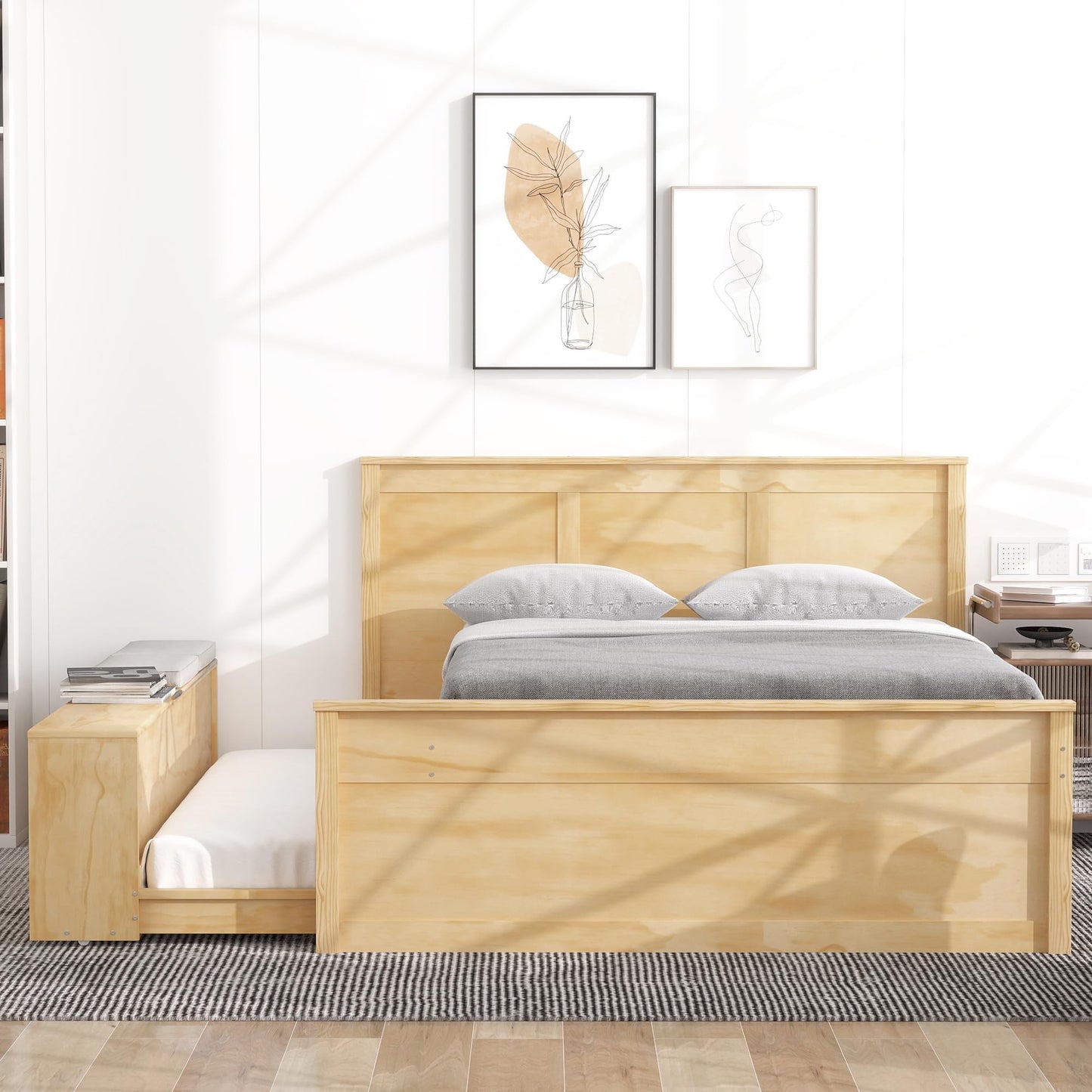 Merax Classic Wooden Platform Bed with Trundle Bed and Storage Cabinet, Full Storage Bed Frame with Headboard for Bedroom, Guest Room,No Box Spring Needed,Easy Assemble, Natural