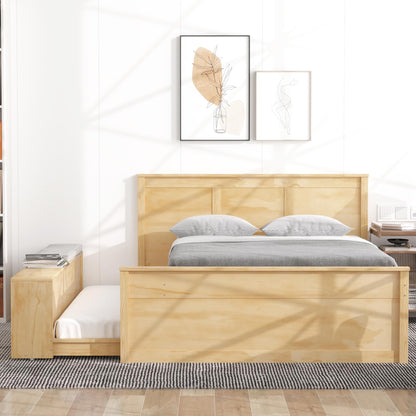 Merax Classic Wooden Platform Bed with Trundle Bed and Storage Cabinet, Full Storage Bed Frame with Headboard for Bedroom, Guest Room,No Box Spring Needed,Easy Assemble, Natural