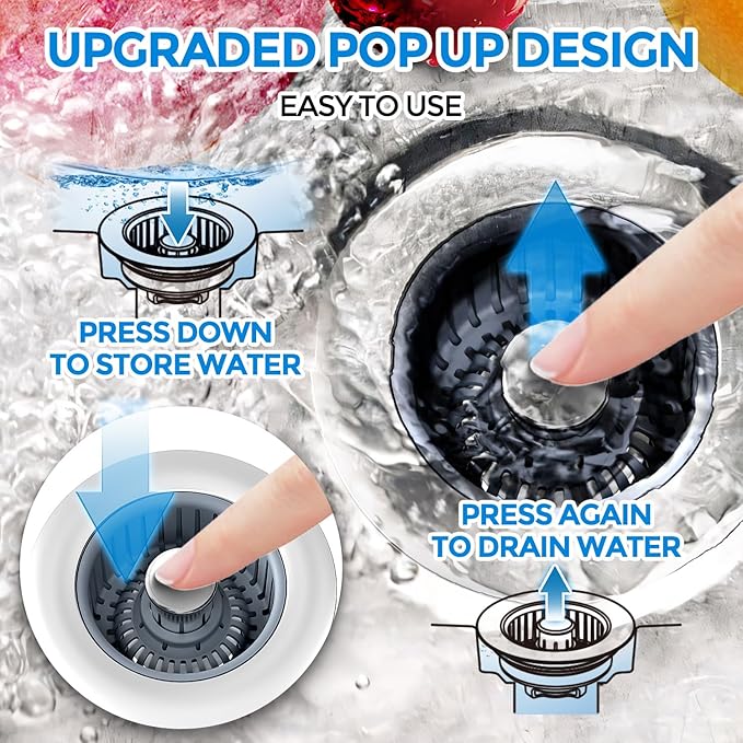 zaa 2 Pack Sink Drain Strainer, Sink Stopper, 3 in 1 Stainless Steel Kitchen