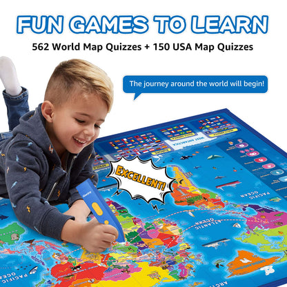 Qiaojoy Bilingual Interactive for Kids Talking USA Map World Map for Kids Learning, Geography Toys Games Educational Electronic Map Personalized Gift/Toys for 4 5 6 7 8 9 10 Year Old Girls/Boys