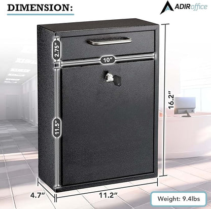 AdirOffice Wall Mount Mailbox - Mailbox with Lock and Keys- Durable Wall Mounted Locking Mailbox and Cash Drop Box for House, Apartments and Bussiness After Hours Deposits