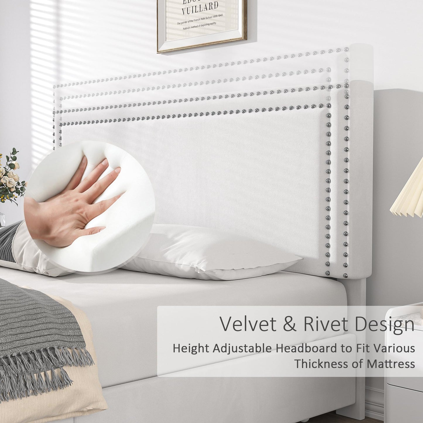 VECELO Queen Size Upholstered Platform Bed Frame with 4 Storage Drawers, Adjustable Velvet Rivets Headboard, Wooden Slats Support, No Box Spring Needed, Easy Assembly