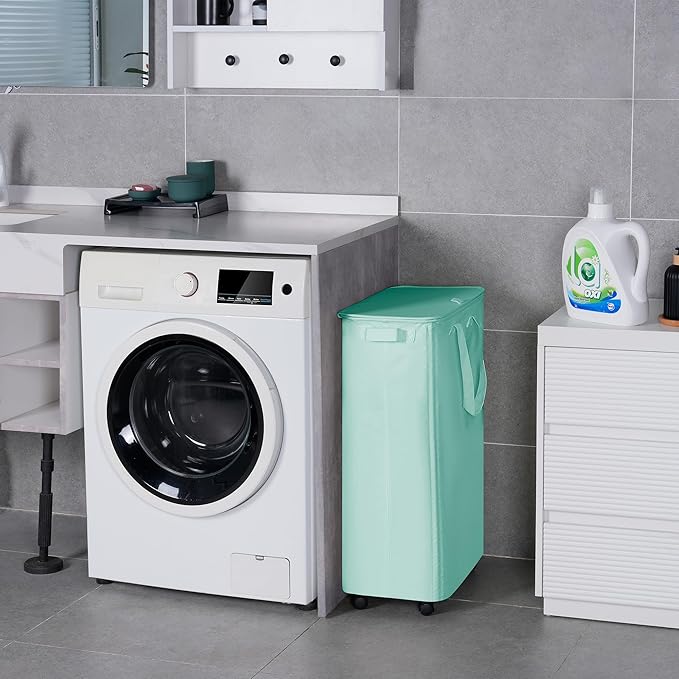 Slim Laundry Hamper with Lid and Wheels, Small Rolling Laundry Basket with