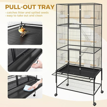 GarveeHome 69 Inch Large Bird Cage, Bird Cage with Rolling Storage Stands, Feed Bowls, Wide Tall Parrot Cage for Parakeets, Conures, Cockatiel, Cockatoo