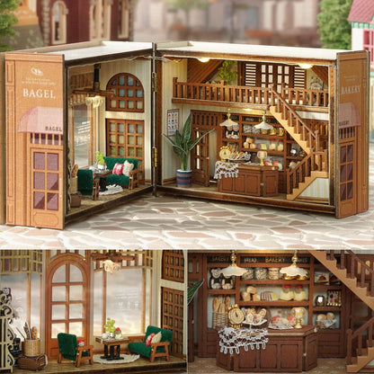 TuKIIE DIY Miniature Dollhouse Kit with Furniture, 1:32 Scale Opened & Closed Mini Cube Wooden Doll House Book Nook Creative Room for Kids Teens Adults(Bagel Time)