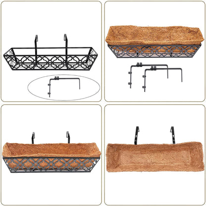 HFHOME 4 Pcs 30" Window Box Deck Railing Planter Box with Horse Trough Coco Liners, Black Metal Hanging Flower Planters Baskets for Indoor, Outdoor, Balcony, Porch, Fence, Patio, and Lawn