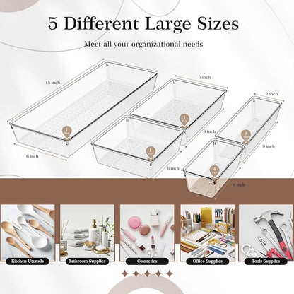 Criusia 11 PCS Clear Plastic Drawer Organizer Set - 5 Large Size Versatile Kitchen and Bathroom Organizer Trays, Non-Slip Storage Bins for Makeup, Utensils, Tool and Office Desk