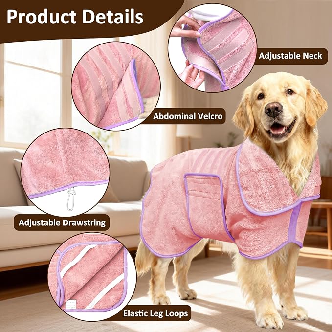 Soft Dog Bathrobe Fast Drying Dog Coat, Super Absorbent Dog Towels for After Bath, Microfiber Pet Robe Adjustable Collar & Belly Warm Keeping Dogs Coat for Pet Dogs & Cats (Pink, X-Large)