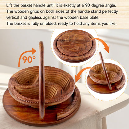 UnicornMAG Handmade 12" Collapsible Wooden Basket, 3-Compartment Paisley Design Fruit & Bread Bowl, Multi-Functional Trivet & Centerpiece, Folds Flat for Easy Storage